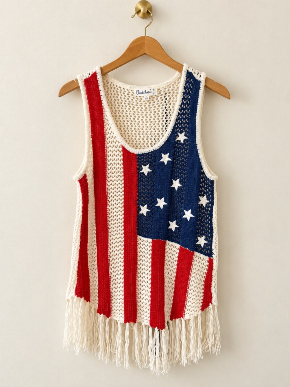 Cloud Chaser American Flag Crochet Fringe Tank Top Size Large
